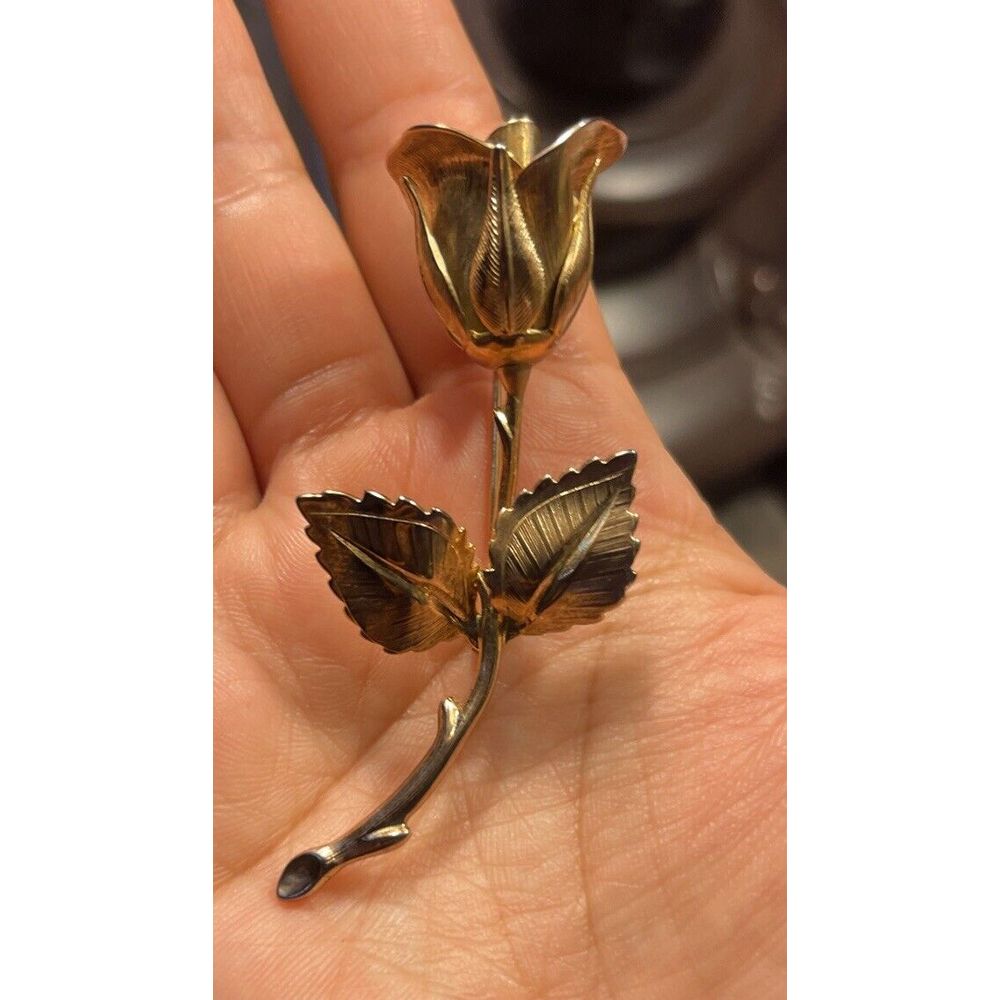 Vintage Giovanni Stem Rose Brooch/Pin-Brushed Gold-Tone-Signed